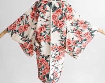 Haori Jacket |  Silk Vintage Kimono | Pink Camellia motif | Open Front Cardigan-164F