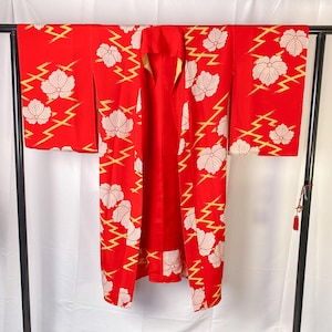 Vintage Silk Juban Kimono: Red Floral Robe, Japanese Undergarment