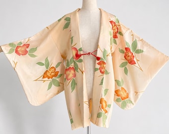Haori Jacket | Orange Silk Vintage Kimono | Floral Rinzu| Open Front Cardigan-182M