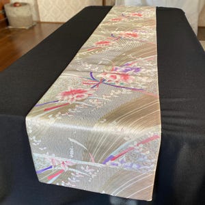 Vintage Silk Obi Table Runner: Gold Brocade, Floral Motif - 70.8 in