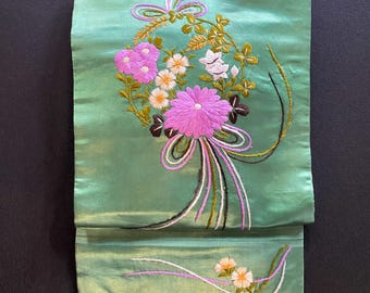 Green Naogya-Obi, Japanese Vintage Kimono, Flower Embroidery, Satin-like Shee, Vibrant Color, Antique,
