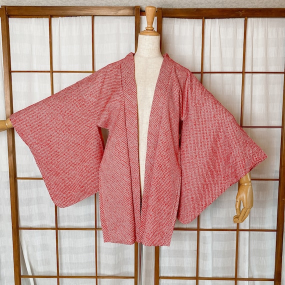 Red Haori Cardigan, Shibori Plain Color, Size M, … - image 2