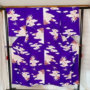Purple Japanese Kimono, Floral Cloud Design, Early Showa 1930s, Antique Lounge Wear, Elegant Vintage Robe, Classic Decorative Fabric