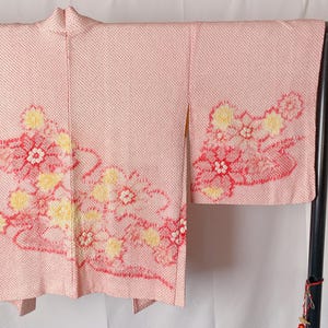 Japanese Vintage Kimono Haori, Shibori, Pink, Floral, Excellent, Cardigan, Women&#39;s Jacket, Silk Long outer, Casual Layer, Versatile -K