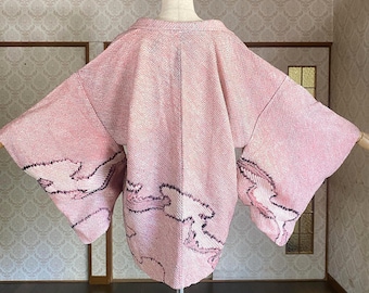 Haori Jacket | Pink Silk Vintage Kimono | Shibori Clouds | Open Front Cardigan-168A