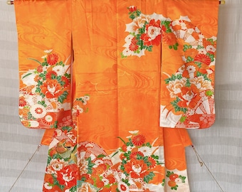 Kimono pour fille, Veste, MATÉRIEL vintage, avec petits trous, Floral Orange, Polyester, Extérieur long, style japonais, Couche décontractée, Costume, Dispay