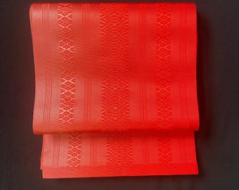 Vintage Hakata Nagoya Obi in Dyed Red, Geometric Weave, Lightweight, Easy to Wear, Soft Texture, Faint Stains, Possibly Unused、博多織、名古屋帯