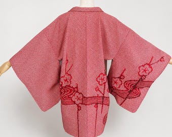 Haori Jacket | Red Silk Vintage Kimono | Shibori Floral | Open Front Cardigan-186