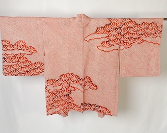 Shibori Kimono Haori Orange Pine Motif, Size M-L, Vintage Kimono Jacket, Japanese Cardigan, Elegant Traditional Cover Up-C