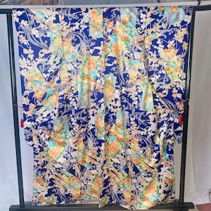 Blue Furisode Kimono with Peony and Plum - Vibrant Silk with Noshi Motif - Formal Japanese Long Sleeve Robe for Ceremony or Display