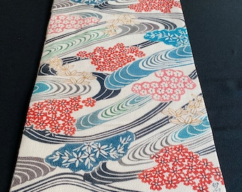 Colorful Kimono Obi with Floral and Water Motif, White Chirimen, Vintage Silk Obi, Table Runner or Wall Hanging, Japanese Textile Art