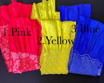 Silk Obijage Shibori,  Japanese Vintage and Old Strap 帯揚げ, Pink Yellow Blue, Kimono Accessory, Decorative fabric belt, Scarf, Hairband