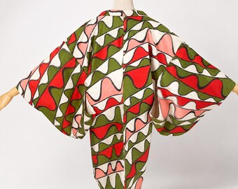 Haori Jacket | Green and Red Silk Vintage Kimono | Meisen | Open Front Cardigan-185F