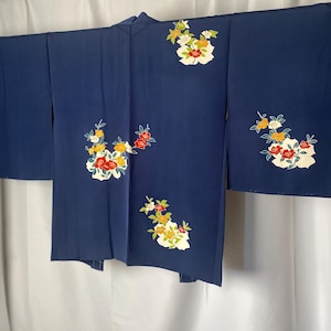 Blue Floral Haori, Japanese Kimono Jacket, Silk Cardigan, Traditional Vintage Kimono, Long Outerwear, Elegant Women&#39;s Haori, Versatile-M