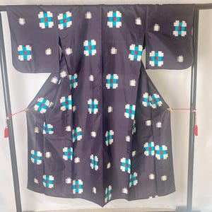 Meisen Silk Kimono: Kasuri, Single layer Kimono, Navy and blue, Hitoe, Thin