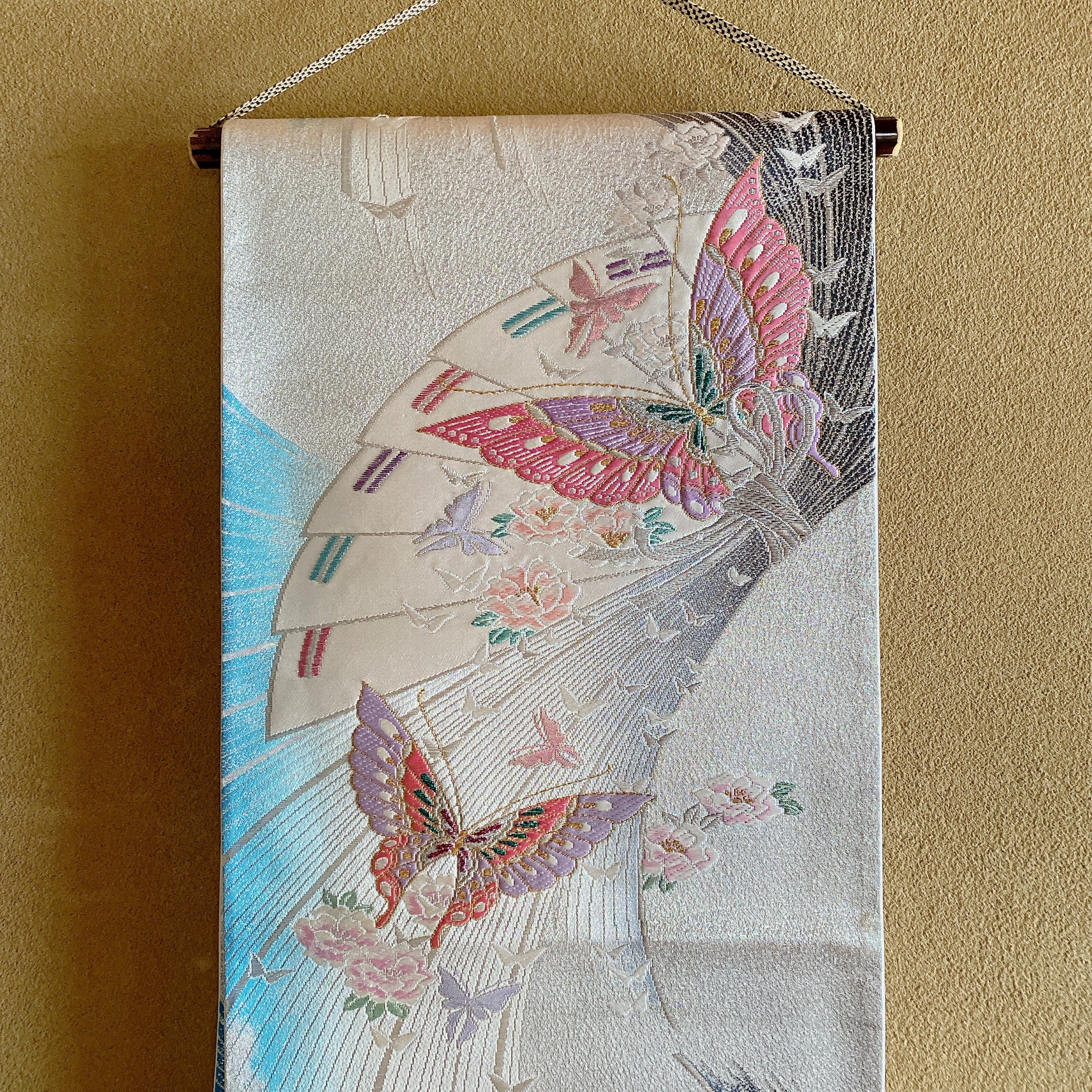 Silver Blue Butterfly Fan Obi - Japanese Silk Table Runner or Wall Hanging - Vibrant Kimono Obi Decor - Modern Pattern