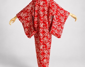 Vintage Kimono, Japanese Nagajuban, Cranes, Red Juban Robe, Polyester-37