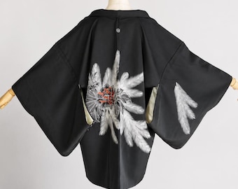 Haori Jacket |  Black Silk Vintage Kimono | Ebaori Floral | Open Front Cardigan-166J