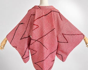 Haori Jacket | Red Silk Vintage Kimono | Shibori | Open Front Cardigan-167