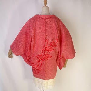 Red Shibori Silk Haori: Bamboo Pattern Vintage Kimono Jacket-C-4