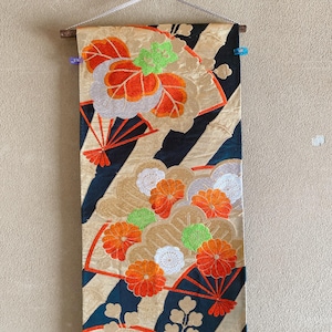 Vintage Gold Fan Silk Obi Wall Hanging: Japanese Tapestry Art (100-170cm, Ready to Hang