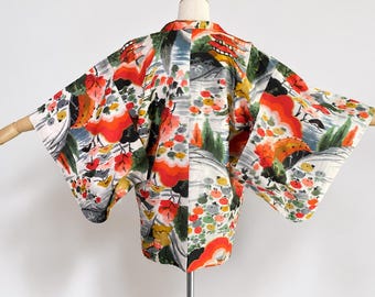 Haori Jacket |  Silk Vintage Kimono | Colorful Meisen | Open Front Cardigan-192K
