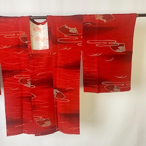 Ruby Red Michiyuki Kimono Coat – Flowing Water and Fan Motif – Japanese Vintage Outerwear with Hidden Snap Closures – Elegant Traditional