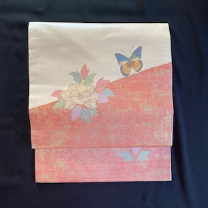 Butterfly & Flower Nagoya Obi, Beige Orange Gold Vintage Kimono Sash, Elegant Japanese Obi Belt, Kitsuke Accessory, Silk Fabric