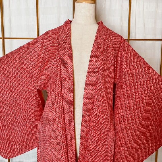 Red Haori Cardigan, Shibori Plain Color, Size M, … - image 3