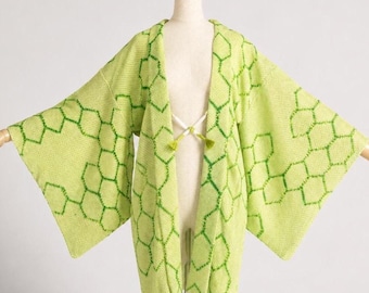 Haori Jacket | Green Silk Vintage Kimono | Shibori Kikko Landscape | Open Front Cardigan-109A