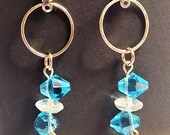 Double light blue bi cone and crystal disc on a stainless steel hoop dangle earrings, modern earrings, Sheris Jewels