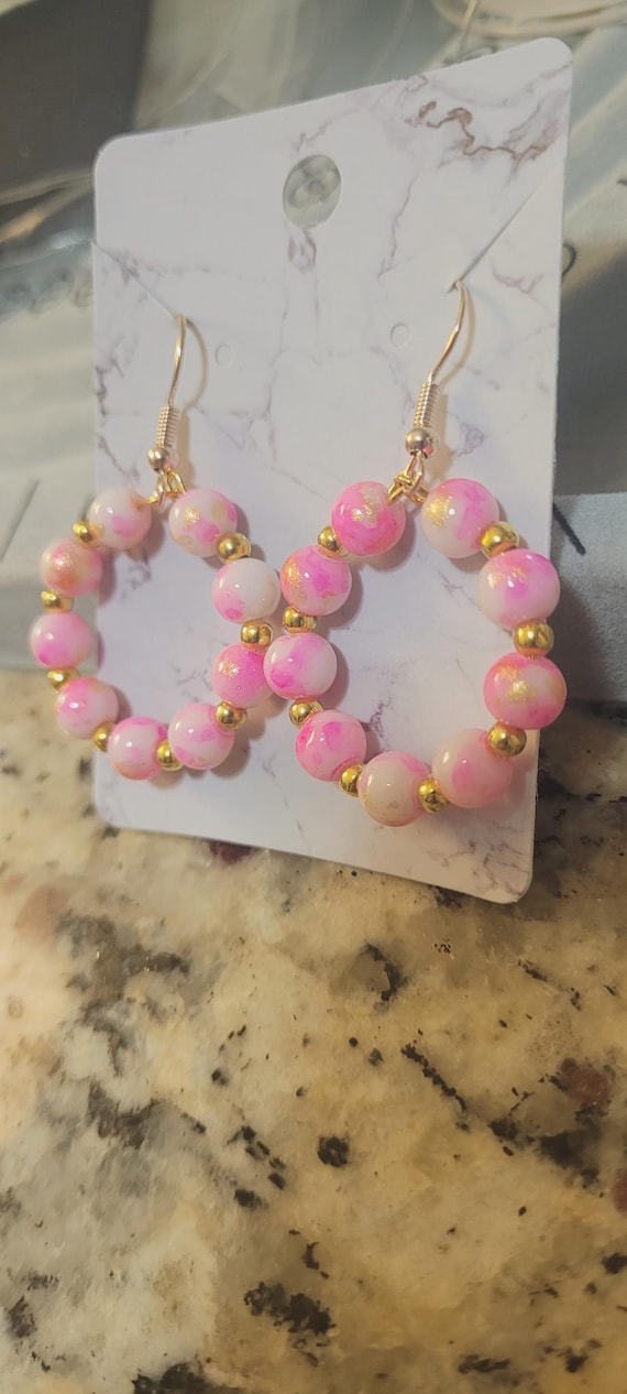 Gold and Pink Hoop Earrings With Beaded Design, Sheris Jewels