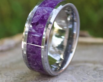 Handmade Amethyst Tungsten Ring – Natural Crystal Inlay Band – February Birthstone Jewelry