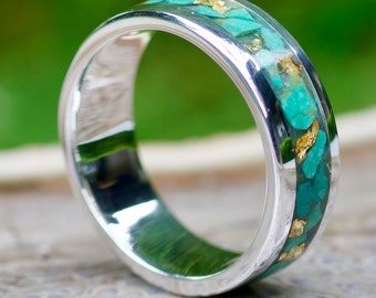 Handcrafted Argentium Silver Ring - Turquoise, 24K Gold Flakes