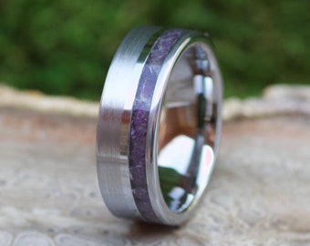 Handmade Purple Amethyst Tungsten Ring, Silver Inlay
