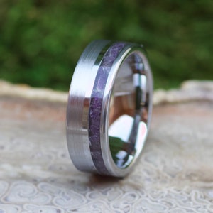 Handmade Purple Amethyst Silver Tungsten Ring, Unique Amethyst Engagement Ring with Offset Channel Inlay