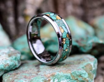 Turquoise and 24k Gold Tungsten Ring • Unique Engagement or Wedding Band • Statement Ring • Gift Idea for Him or Her  • Free Laser Engraving