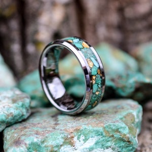 Turquoise and 24k Gold Tungsten Ring Unique Engagement or Wedding Band Statement Ring Gift Idea for Him or Her Free Laser Engraving image 1