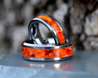 Handmade Orange Opal Tungsten Ring • Custom Laser Engraved