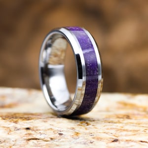 Genuine Amethyst Engagement Ring • Unique Men&#39;s Wedding Band • Tungsten Comfort Fit Core • Custom Handmade Jewelry with Engraving Included