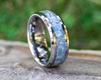Blue Aquamarine & Moonstone Tungsten Ring • Handmade Wedding Band