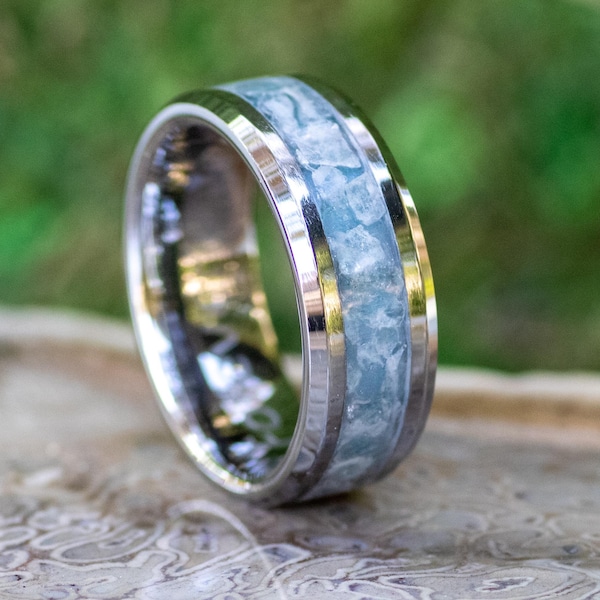 Blue Aquamarine & Moonstone Tungsten Ring • Handmade Wedding Band