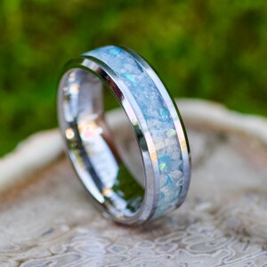 Blue Aquamarine Moonstone Ring • Opal Inlay Tungsten Wedding Band
