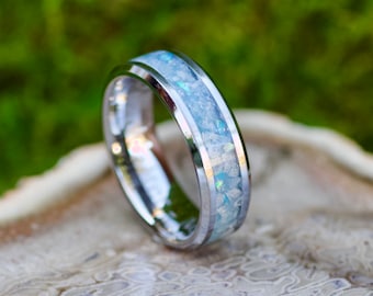 Blue Aquamarine Moonstone Ring • Opal Inlay Tungsten Wedding Band