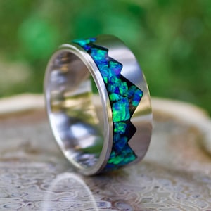 Mountain Range Emerald Opal Ring, Titanium Men's Wedding Band, 8mm Wide, Laser Engraving (Included)