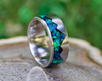 Mountain Range Emerald Opal Ring, Titanium Men's Wedding Band, 8mm Wide, Laser Engraving (Included)