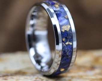 Blue Lapis Lazuli 24k Gold Pyrite Handmade Ring with Tungsten Band Engraving Included