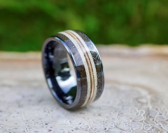 Musician Memorial Ring, Guitar String, Meteorite Inlay, Black Ceramic Band, Personalized Engraving