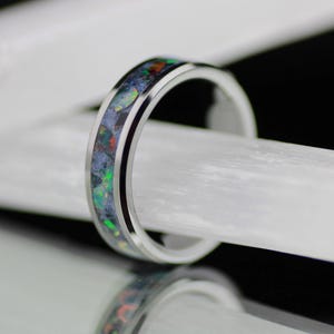 Tungsten Blue Fire Opal Ring & Aventurine Inlay – &quot;Lost in Paradise&quot; Handmade Wedding Band or Gift for Him or Her - Engraving Included