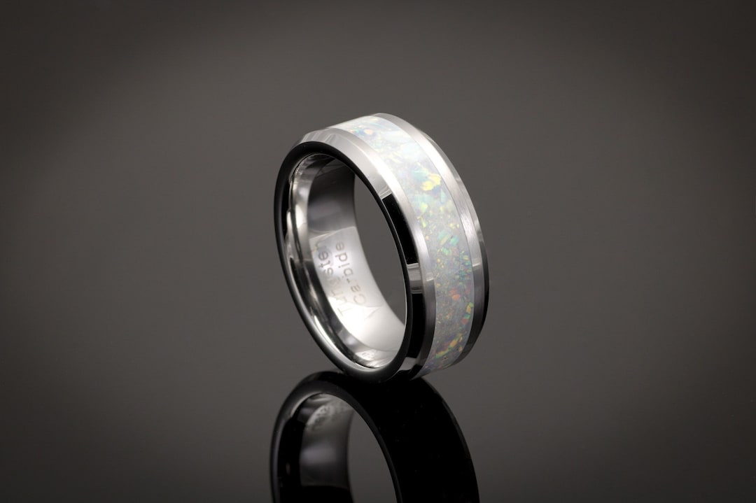 White Opal Inlay Wedding Band, White Wedding Ring, Men's Unique Wedding ...